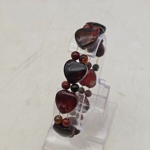 Vintage Red Agate Semi Precious Stone Heart Bead Bracelet Stretch